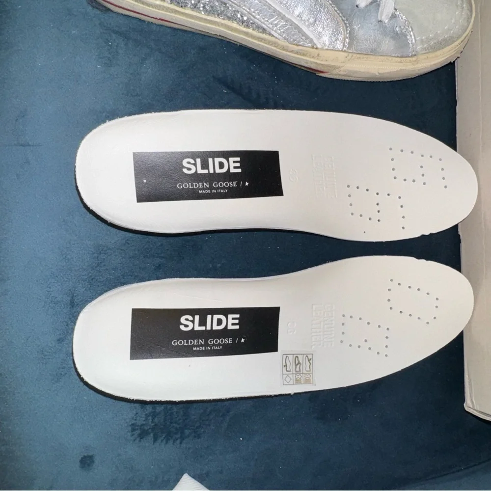 New Size 36 Golden Goose Slide Glitter High Top Sneakers Silver Ice White